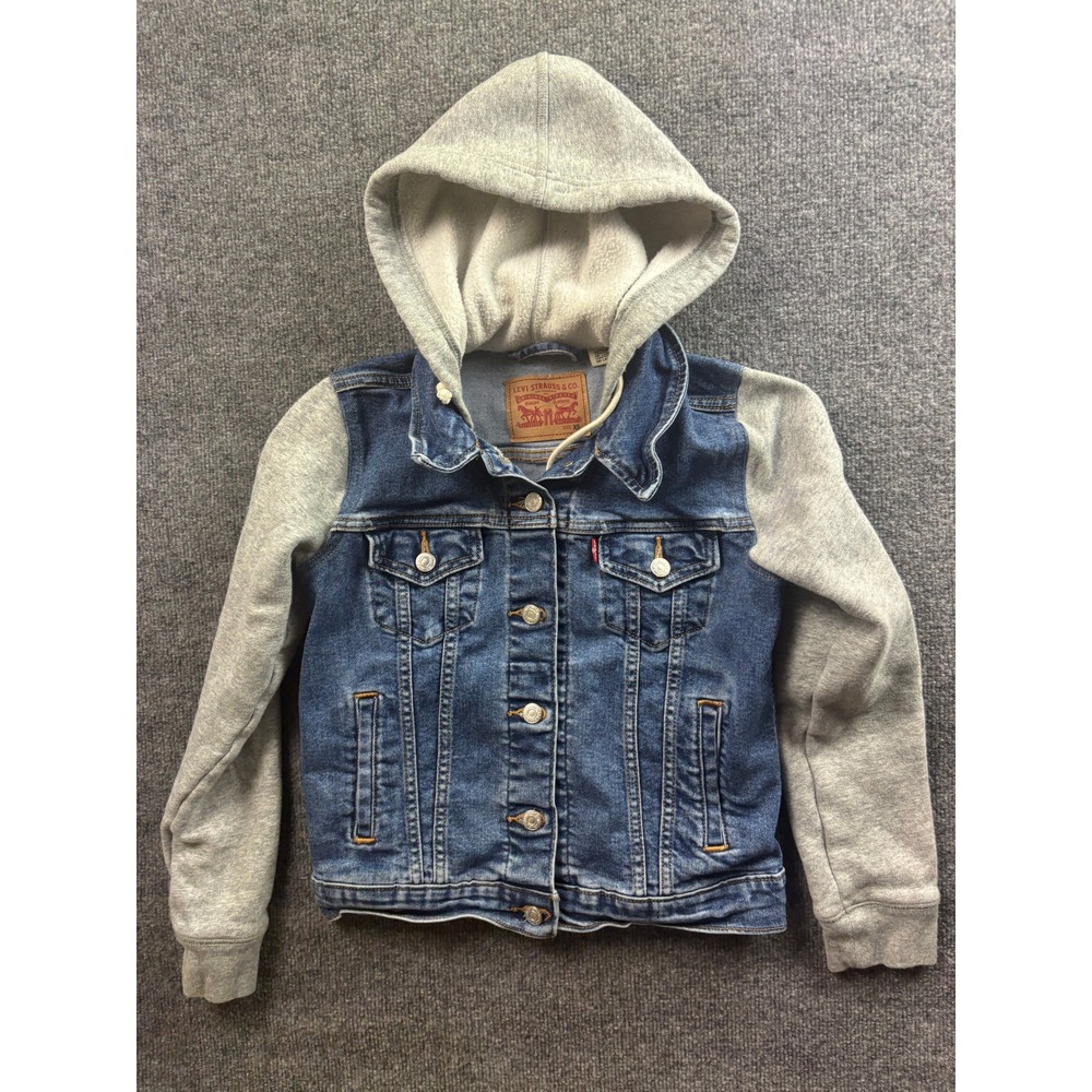 Levi's Denim Jacket Women XS Blue Gray Hooded Mixed Media Trucker Sweatshirt